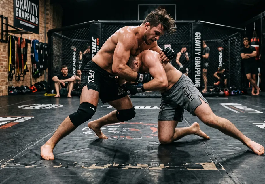 Twee grapplers in een worstelpositie op de mat